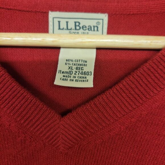 LL Bean Size XL Cotton Cashmere Red V-Neck Sweater Unisex  Regular 274603 - Picture 7 of 7